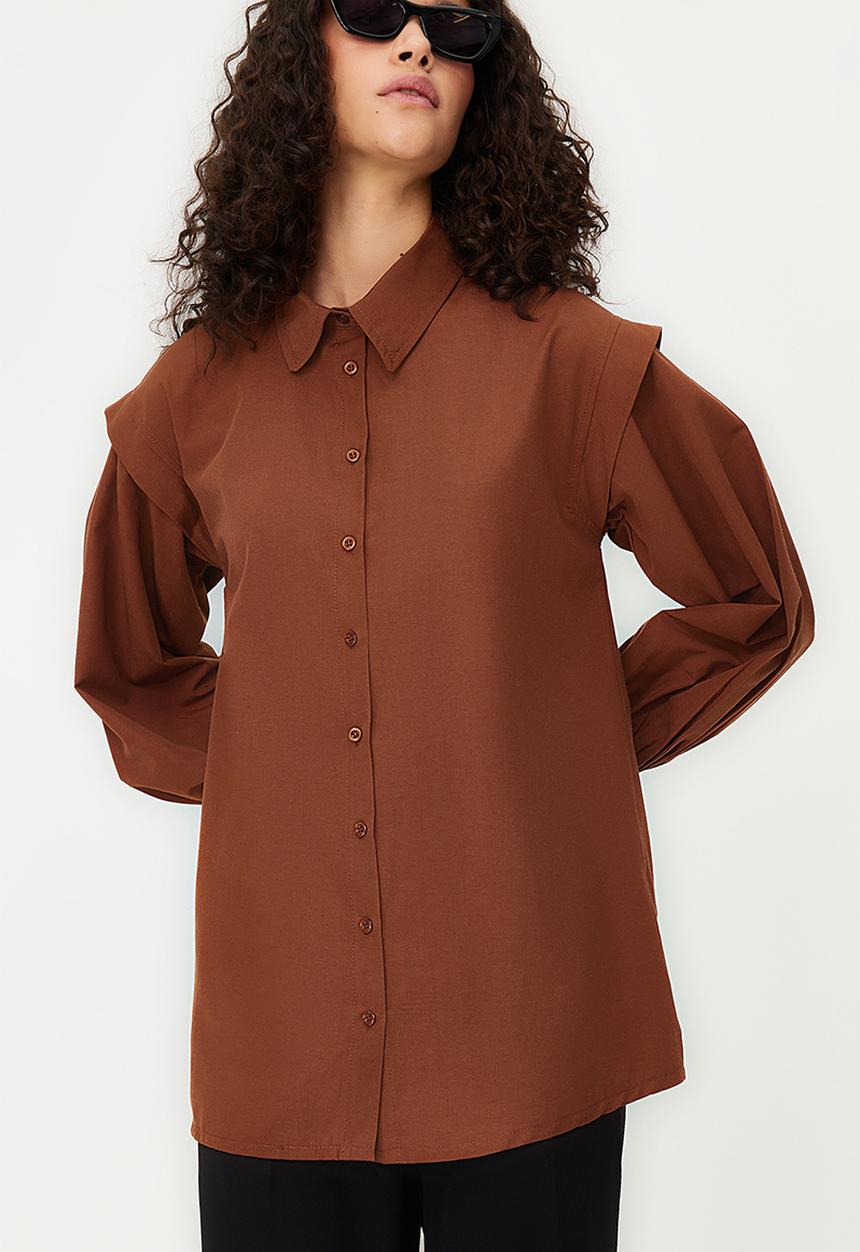 Trendyol - Balloon Sleeve Cotton Woven Shirt - Dark Brown