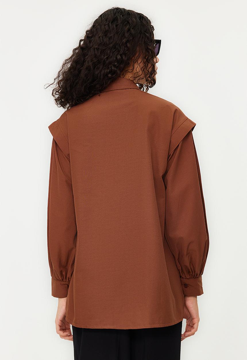 Trendyol - Balloon Sleeve Cotton Woven Shirt - Dark Brown