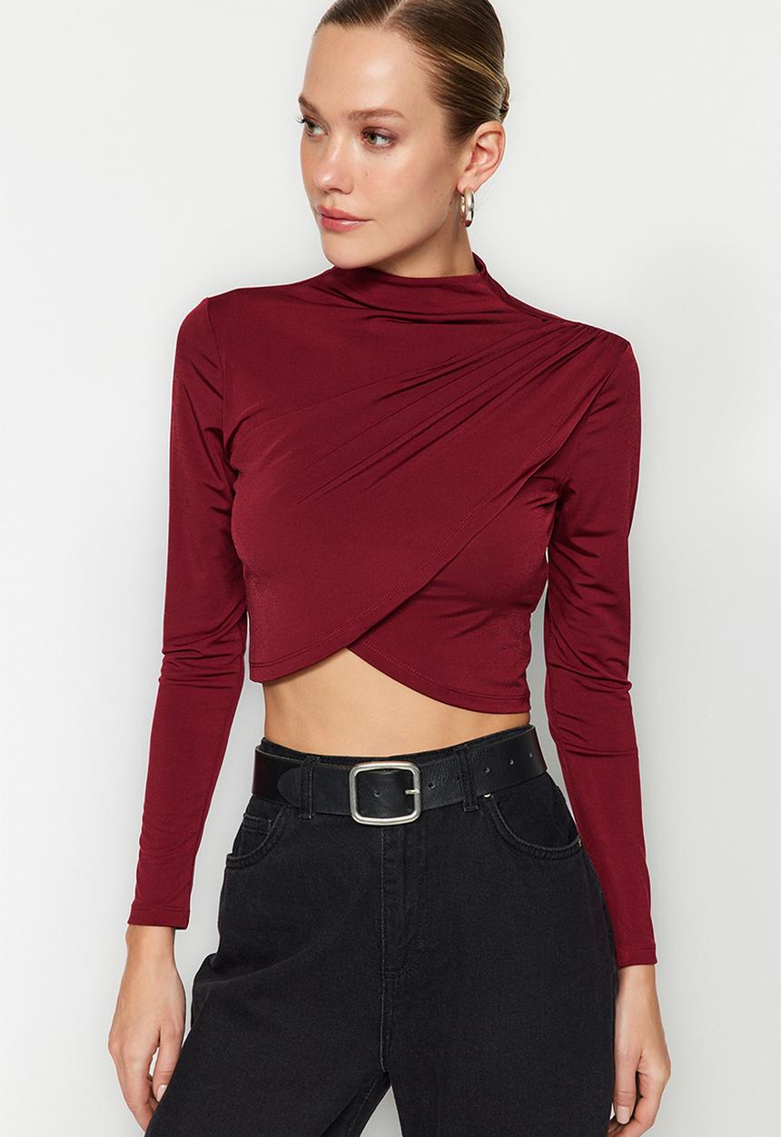 Trendyol - Stand-up collar draped crop blouse - burgundy