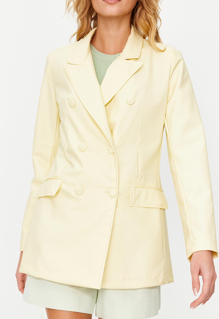Trendyol - Double Breasted Closure Woven Lined Faux Leather Blazer Jacket - Light Yellow
