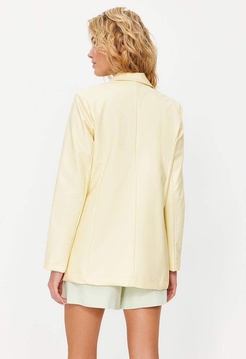 Trendyol - Double Breasted Closure Woven Lined Faux Leather Blazer Jacket - Light Yellow