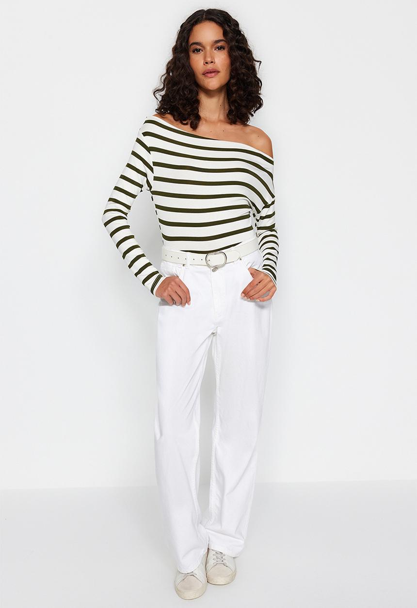Trendyol - Striped premium soft fabric fitted boat neck flexible blouse - khaki
