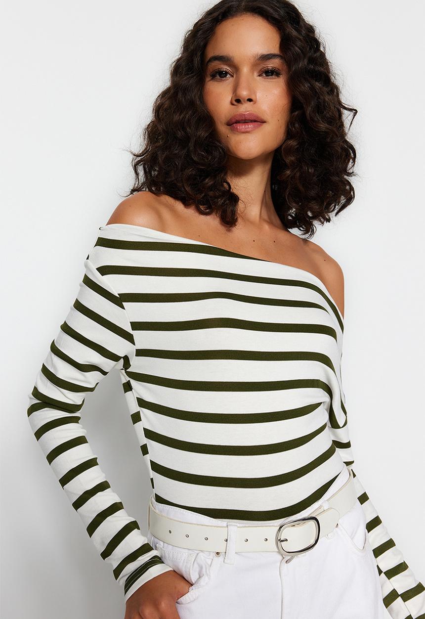 Trendyol - Striped premium soft fabric fitted boat neck flexible blouse - khaki