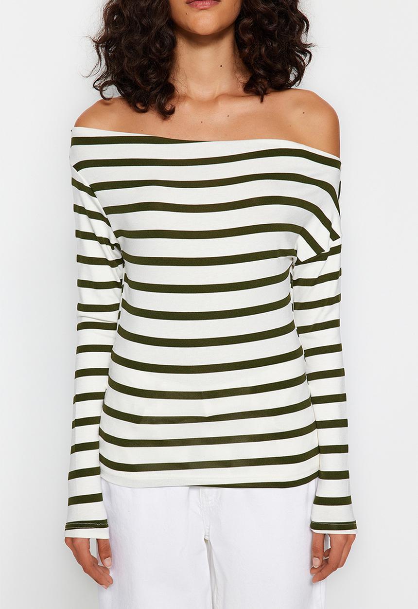 Trendyol - Striped premium soft fabric fitted boat neck flexible blouse - khaki