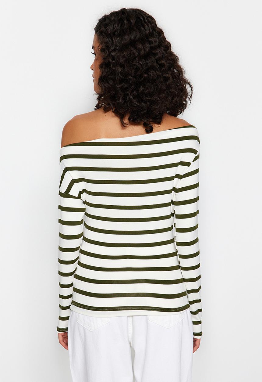 Trendyol - Striped premium soft fabric fitted boat neck flexible blouse - khaki