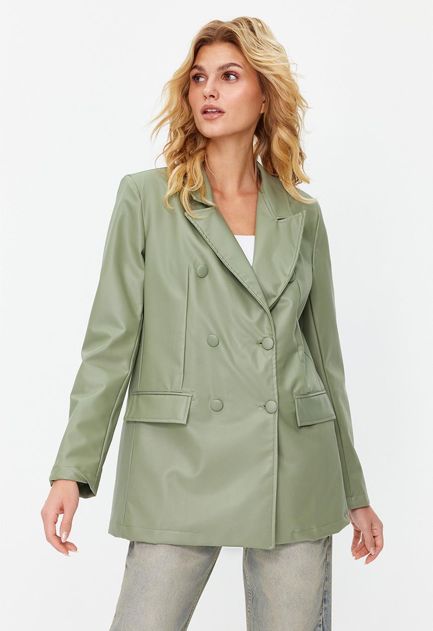 Trendyol - Double Breasted Closure Woven Lined Faux Leather Blazer Jacket - Mint