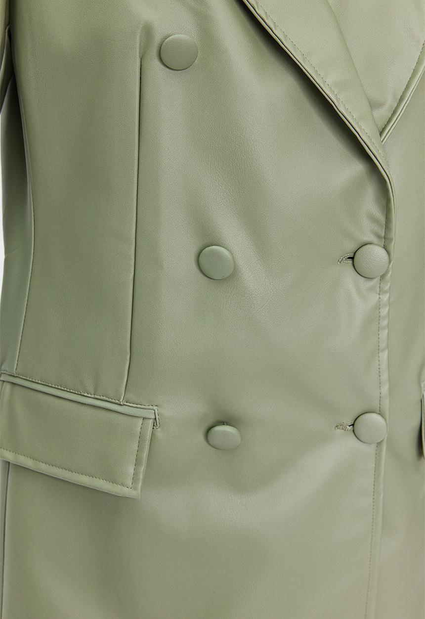 Trendyol - Double Breasted Closure Woven Lined Faux Leather Blazer Jacket - Mint