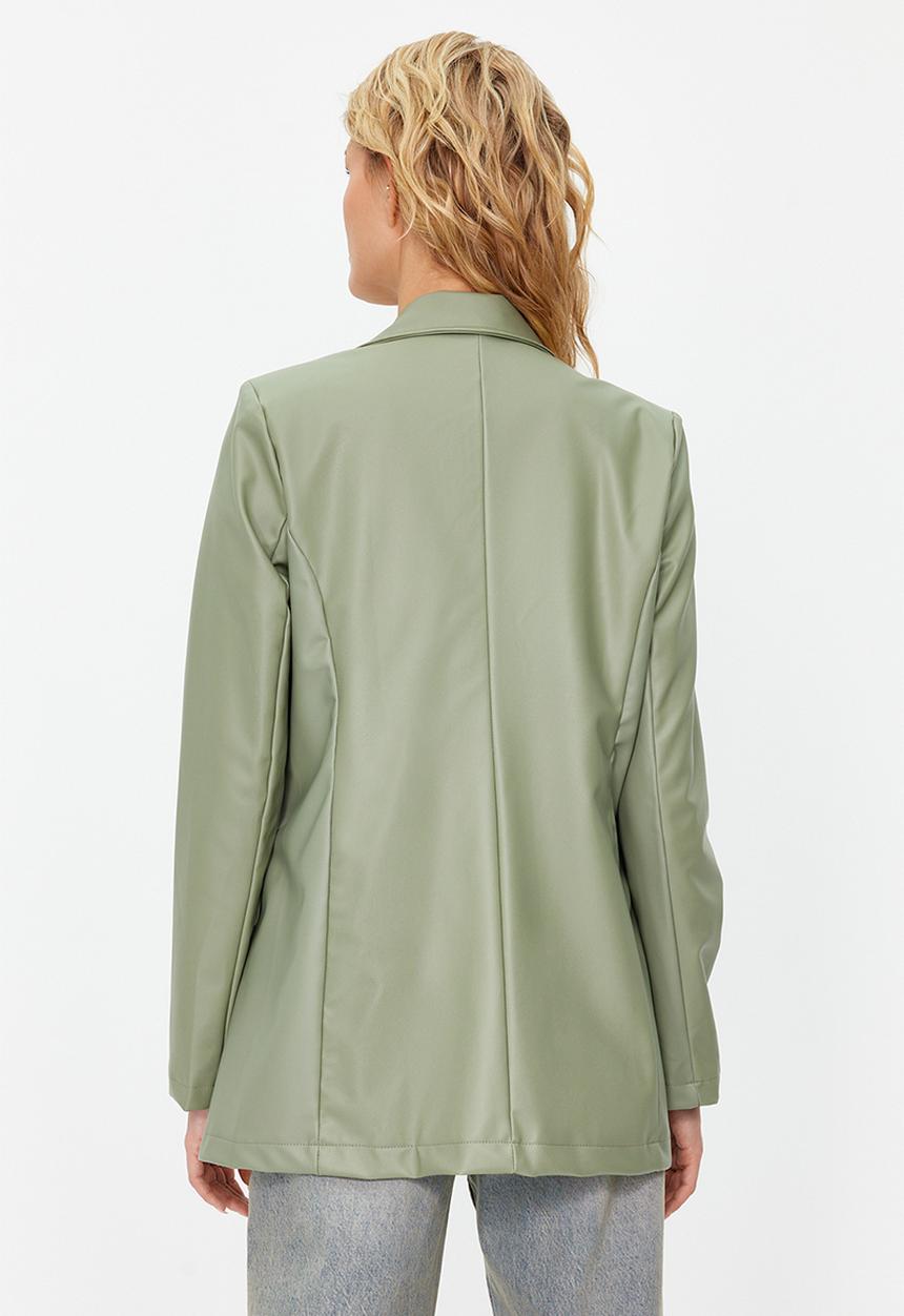 Trendyol - Double Breasted Closure Woven Lined Faux Leather Blazer Jacket - Mint