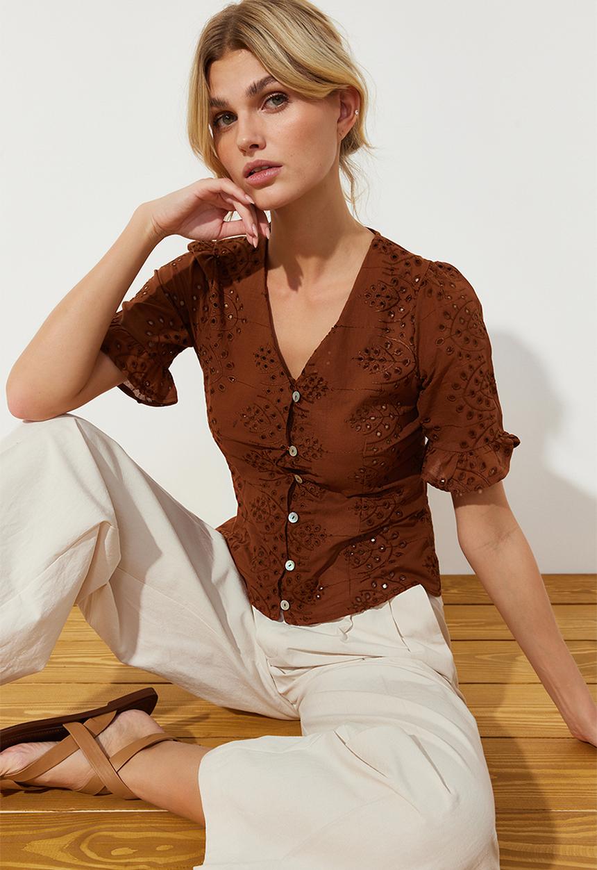 Trendyol - Embroidered Buttoned Woven Blouse - Brown