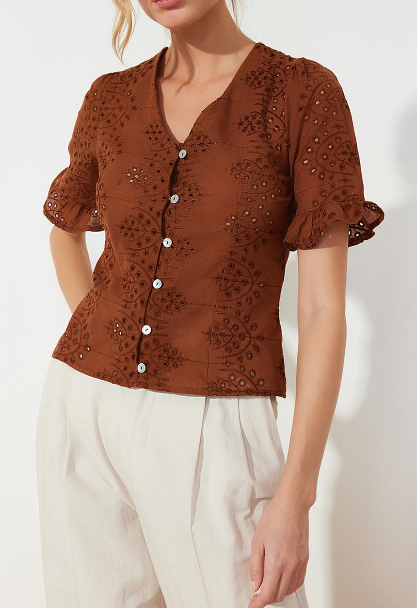 Trendyol - Embroidered Buttoned Woven Blouse - Brown