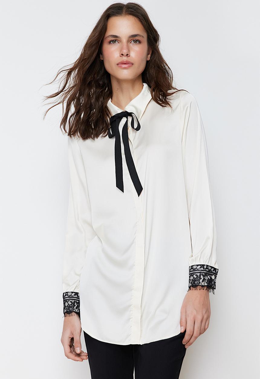 Trendyol - Collar Bow and Lace Detailed Satin Woven Shirt - Stone