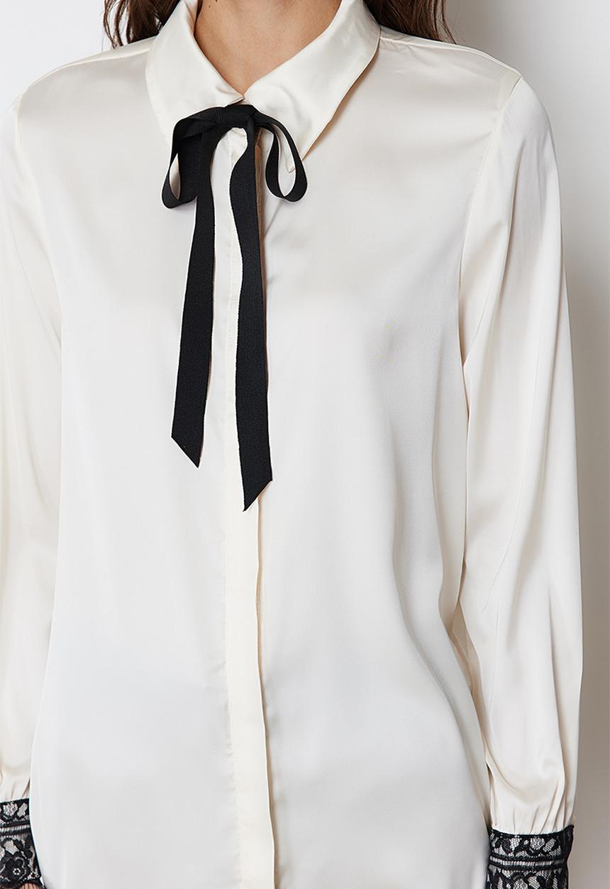 Trendyol - Collar Bow and Lace Detailed Satin Woven Shirt - Stone