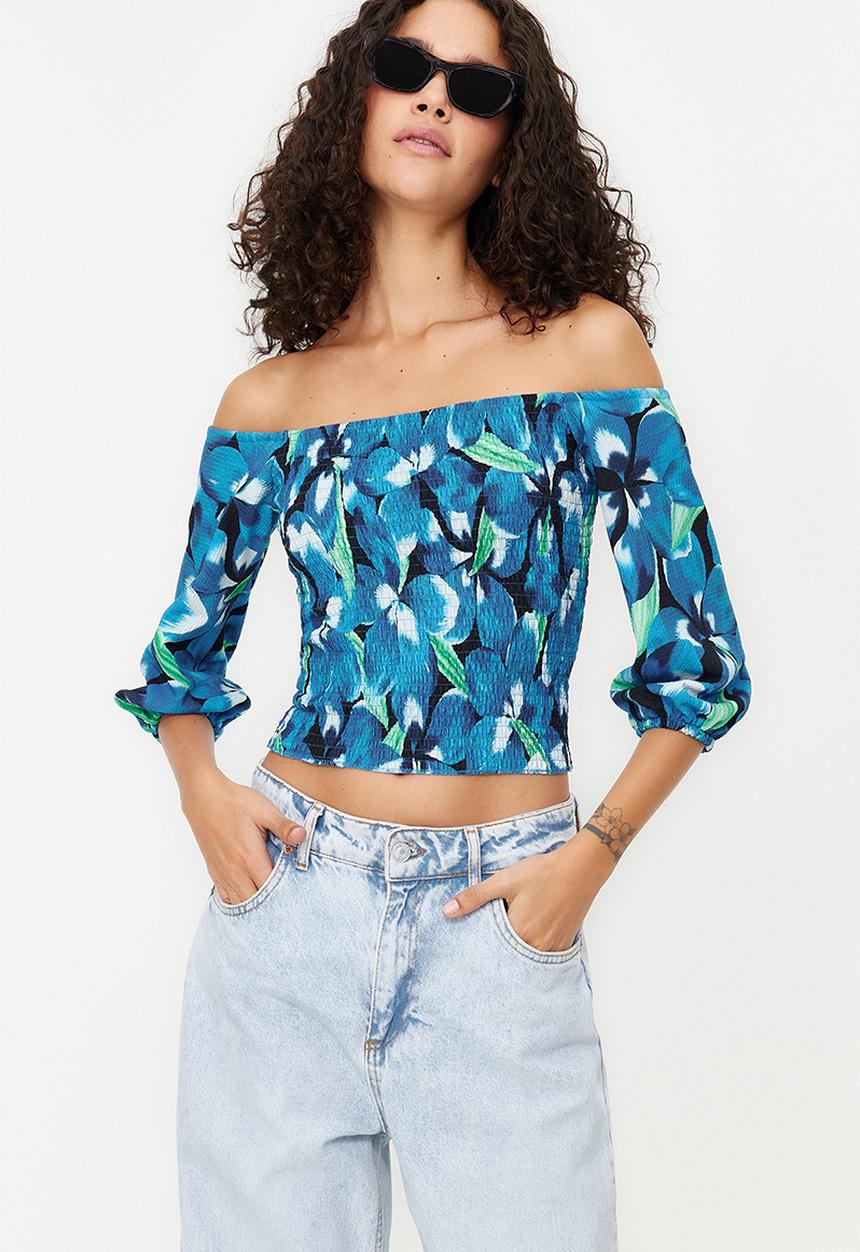 Trendyol - Gimped carmen collar three quarter texture knitted blouse - indigo