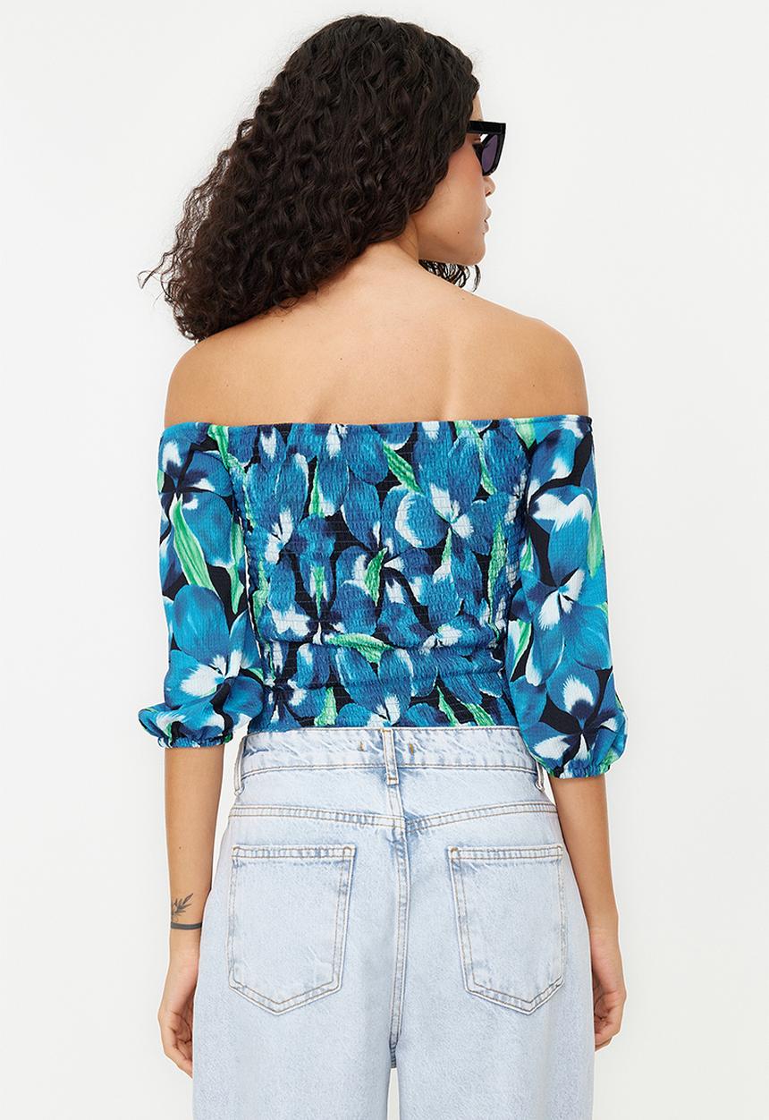 Trendyol - Gimped carmen collar three quarter texture knitted blouse - indigo