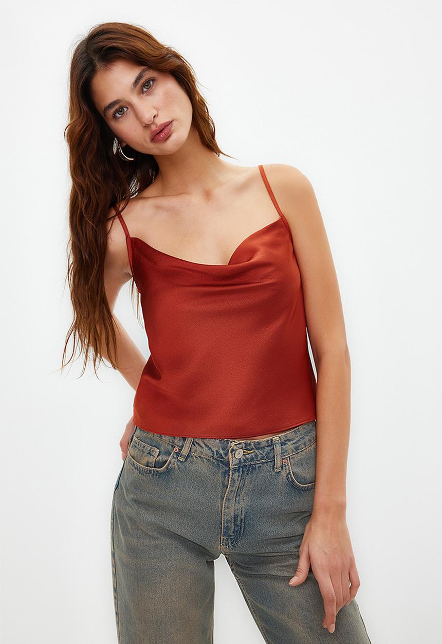 Trendyol - Strap lace collar satin woven blouse - tile