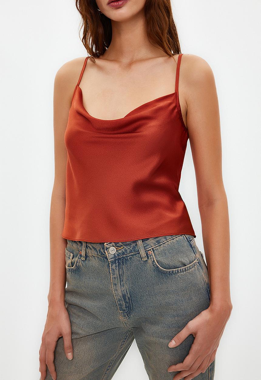Trendyol - Strap lace collar satin woven blouse - tile