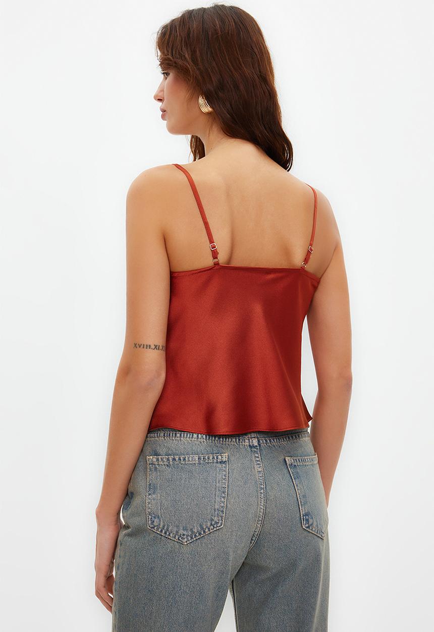 Trendyol - Strap lace collar satin woven blouse - tile