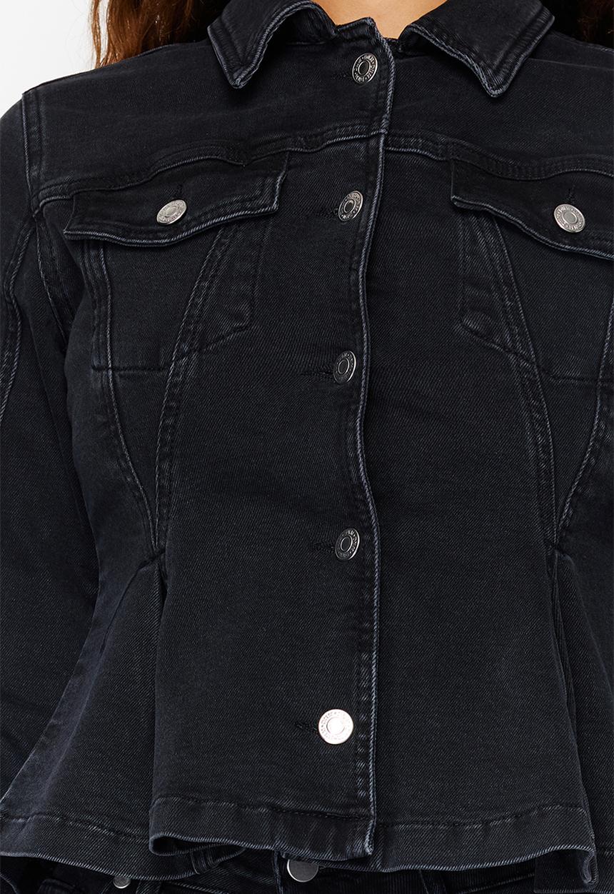 Trendyol - Flounce Fitted Denim Jacket - Black
