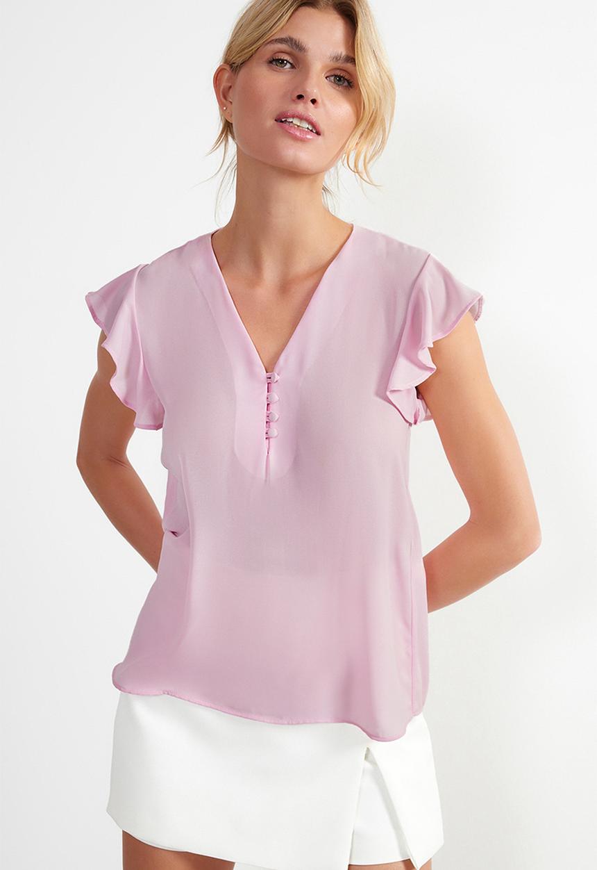 Trendyol - Button Detailed Flowy Semi Sheer Woven Blouse - Pink