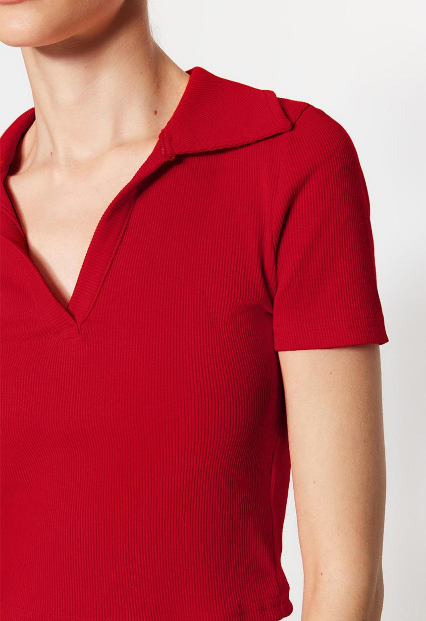Trendyol - Fitted/situated crop polo neck ribbed stretch knit blouse - orange