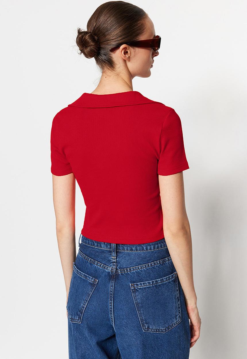 Trendyol - Fitted/situated crop polo neck ribbed stretch knit blouse - orange