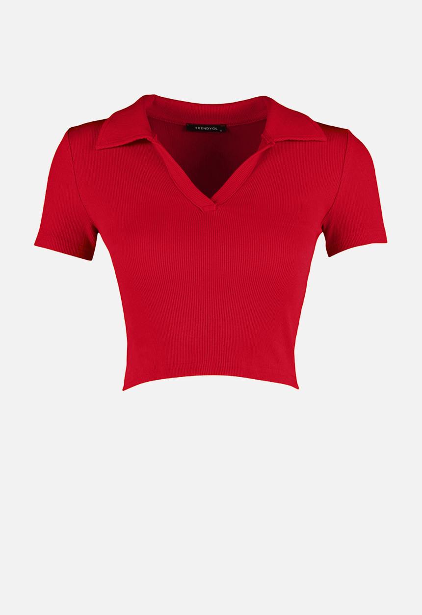 Trendyol - Fitted/situated crop polo neck ribbed stretch knit blouse - orange