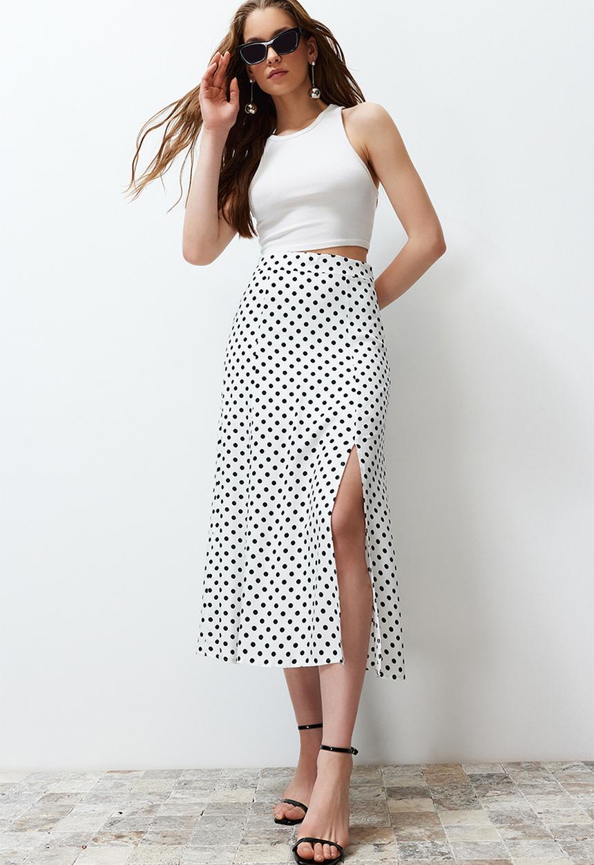 Trendyol - Polka Dot Slit Detail Viscose Midi Woven Skirt - Ecru