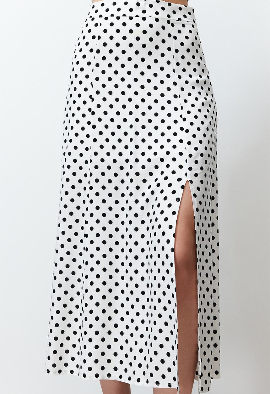 Trendyol - Polka Dot Slit Detail Viscose Midi Woven Skirt - Ecru