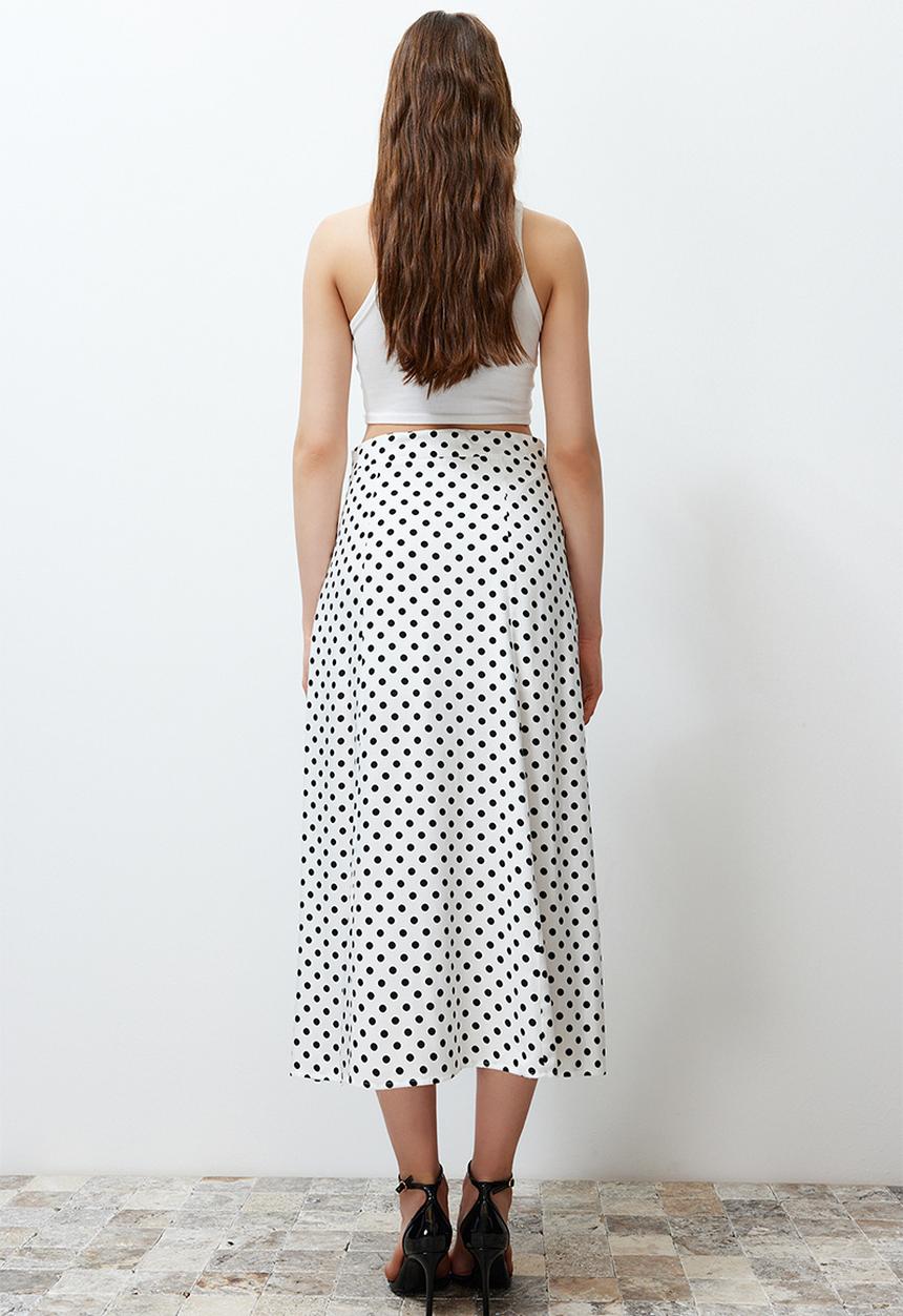 Trendyol - Polka Dot Slit Detail Viscose Midi Woven Skirt - Ecru