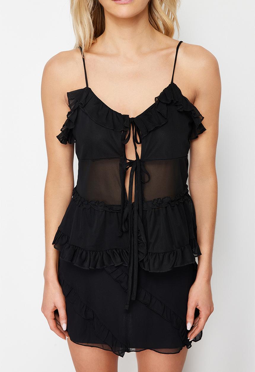 Trendyol - Tulle Lacing Detailed Strappy Flexible Knitted Blouse - Black