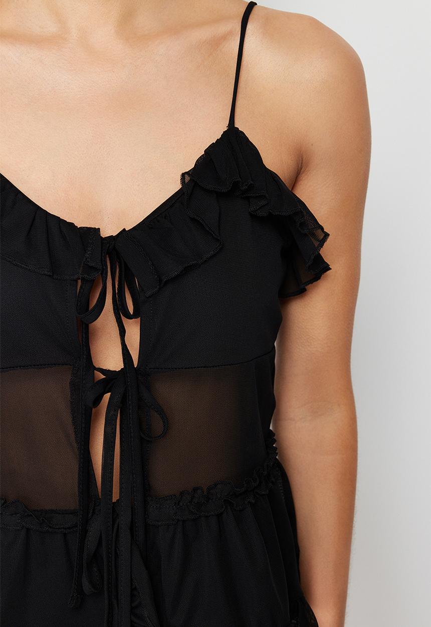 Trendyol - Tulle Lacing Detailed Strappy Flexible Knitted Blouse - Black