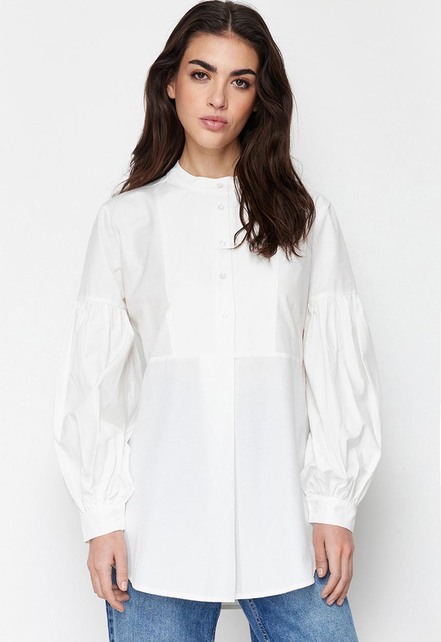 Trendyol - Comfort Fit Cotton Woven Tunic Shirt - Ecru