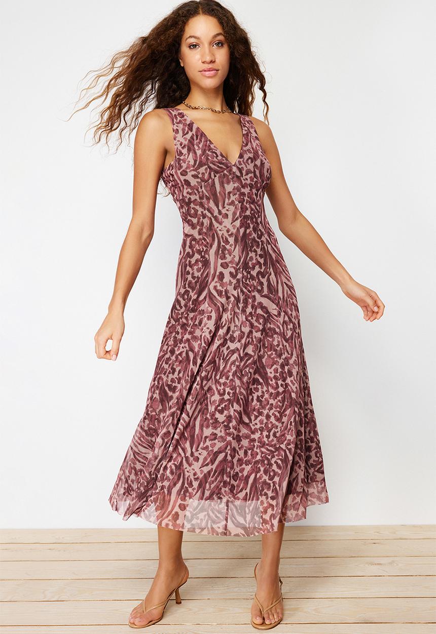 Trendyol - Floral Leopard Printed V-Neck Tulle Knitted Dress - Brown