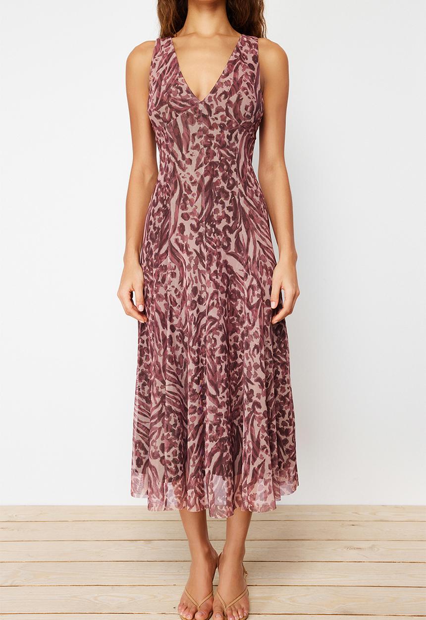 Trendyol - Floral Leopard Printed V-Neck Tulle Knitted Dress - Brown