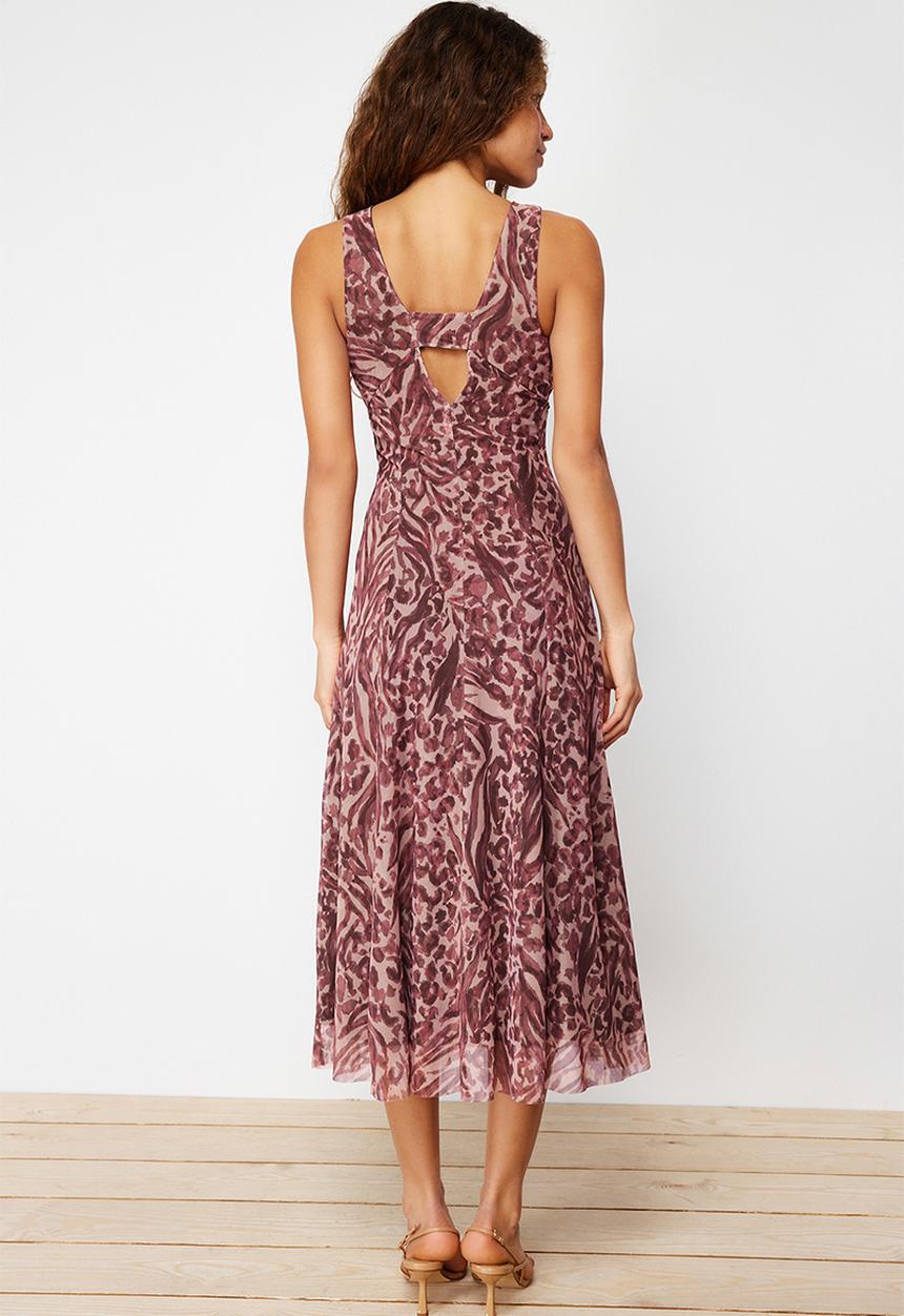 Trendyol - Floral Leopard Printed V-Neck Tulle Knitted Dress - Brown