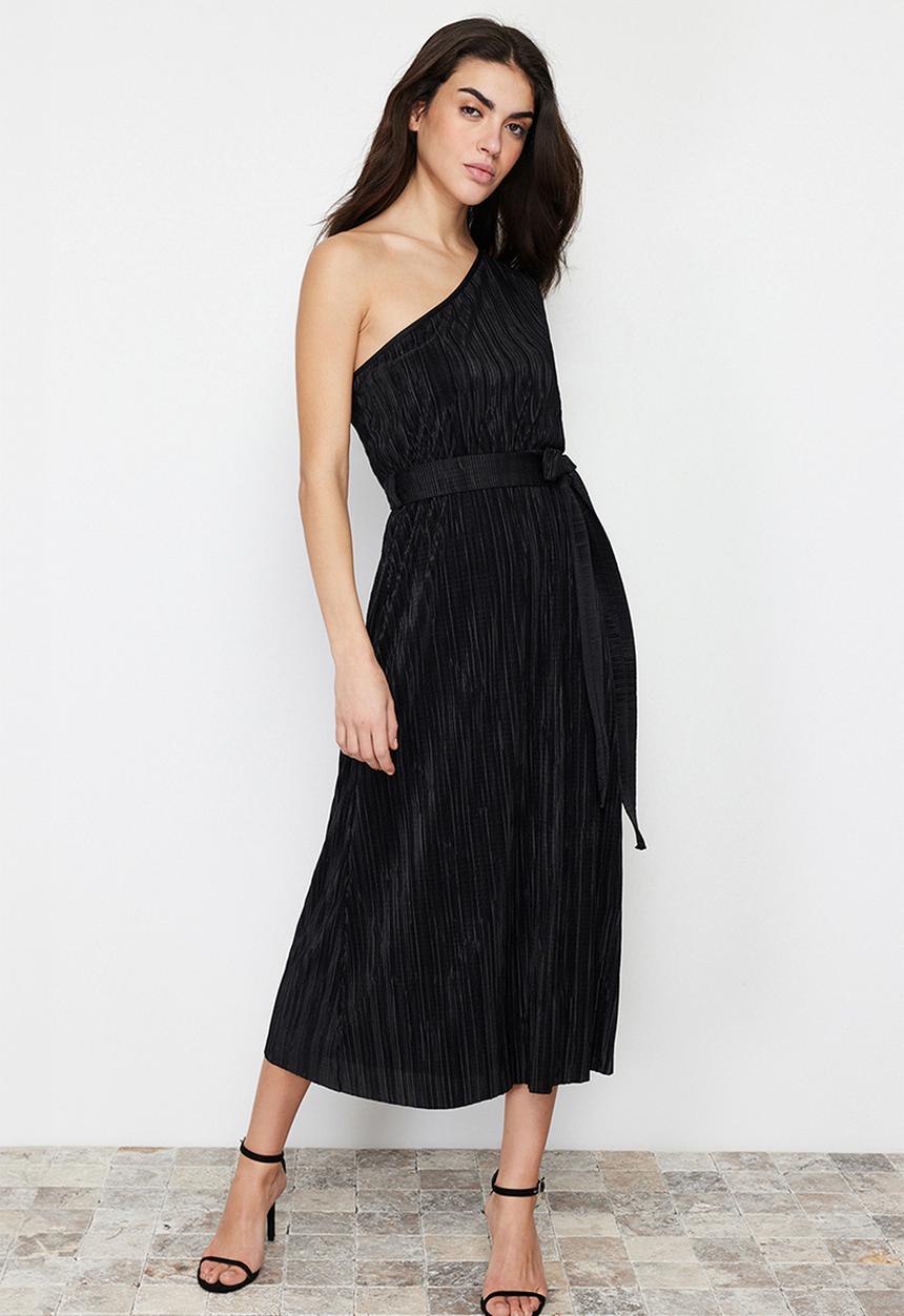 Trendyol - Belted Midi Single Sleeve Flexible Knitted Midi Pencil Dress - Black