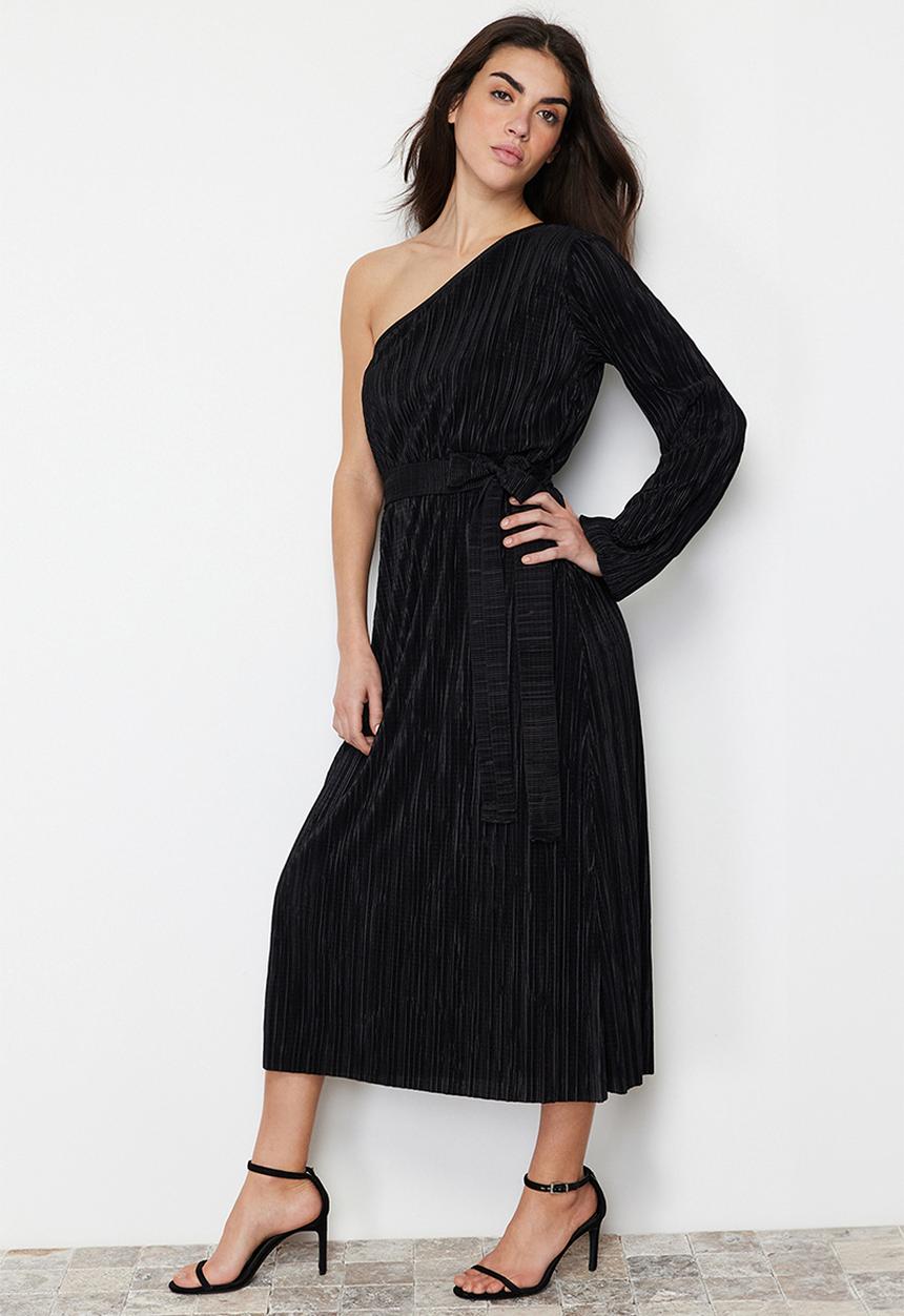 Trendyol - Belted Midi Single Sleeve Flexible Knitted Midi Pencil Dress - Black
