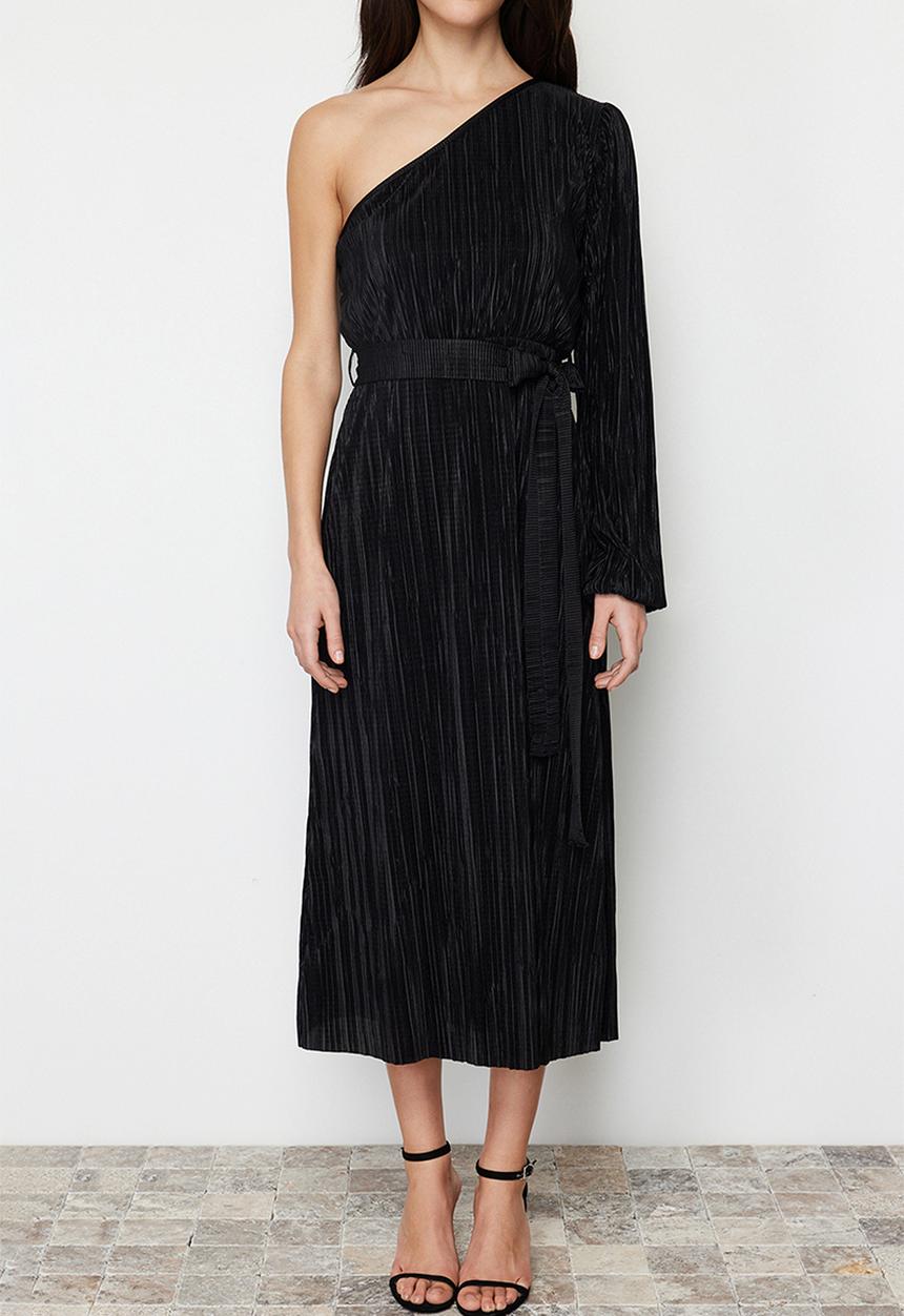 Trendyol - Belted Midi Single Sleeve Flexible Knitted Midi Pencil Dress - Black