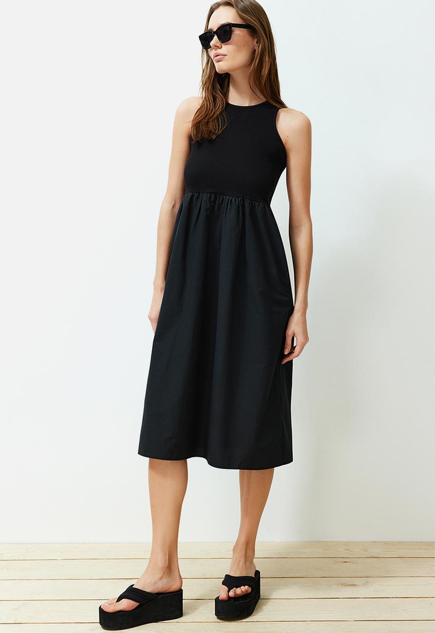 Trendyol - Waist Open Fabric Mixed Midi Woven Dress - Black