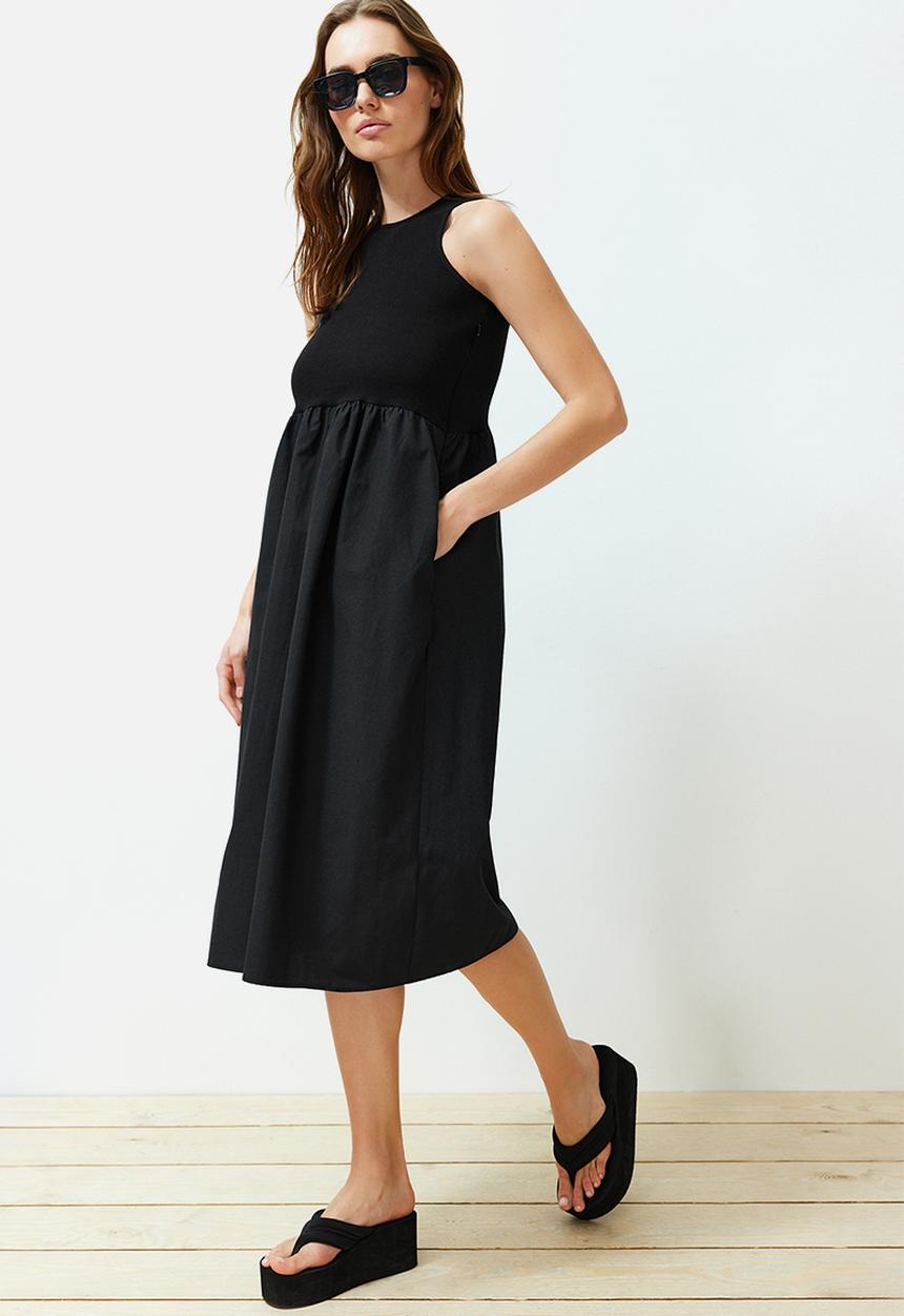 Trendyol - Waist Open Fabric Mixed Midi Woven Dress - Black