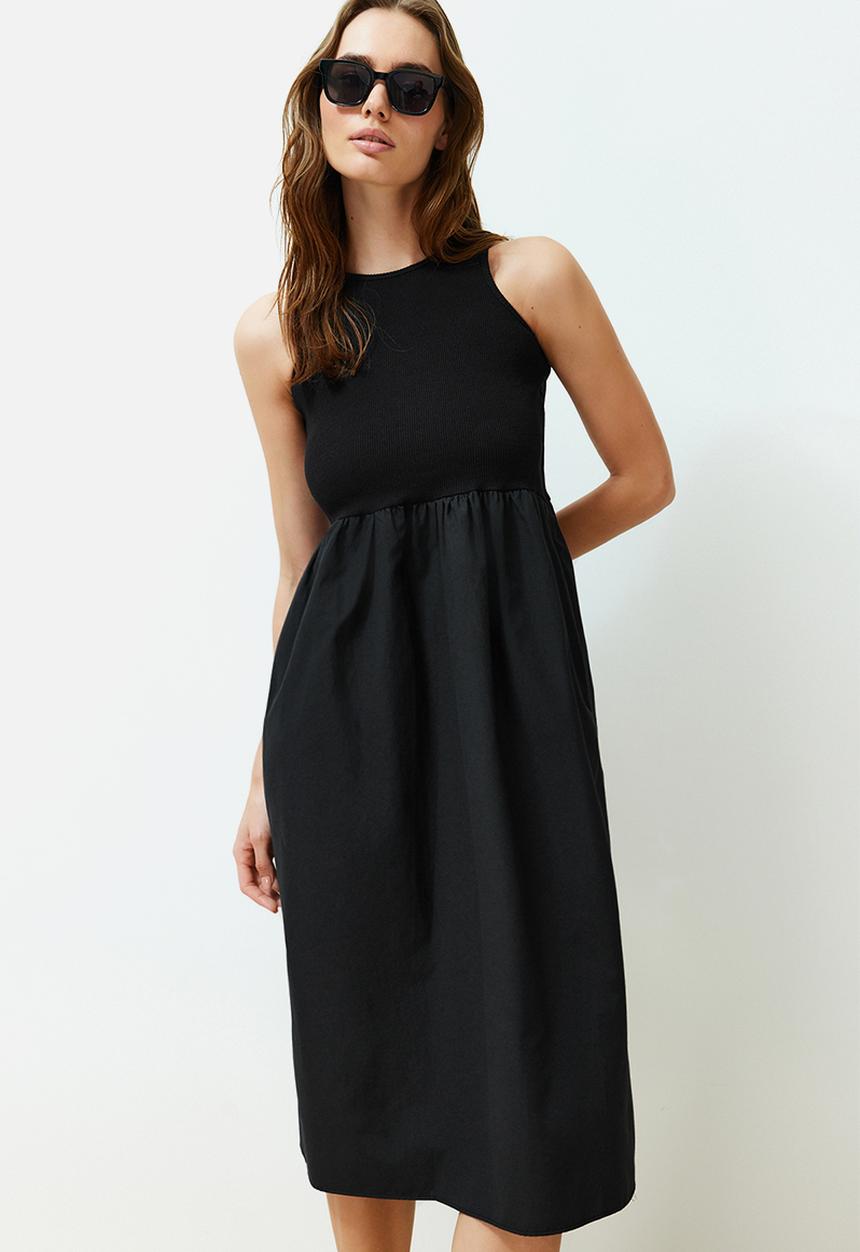 Trendyol - Waist Open Fabric Mixed Midi Woven Dress - Black