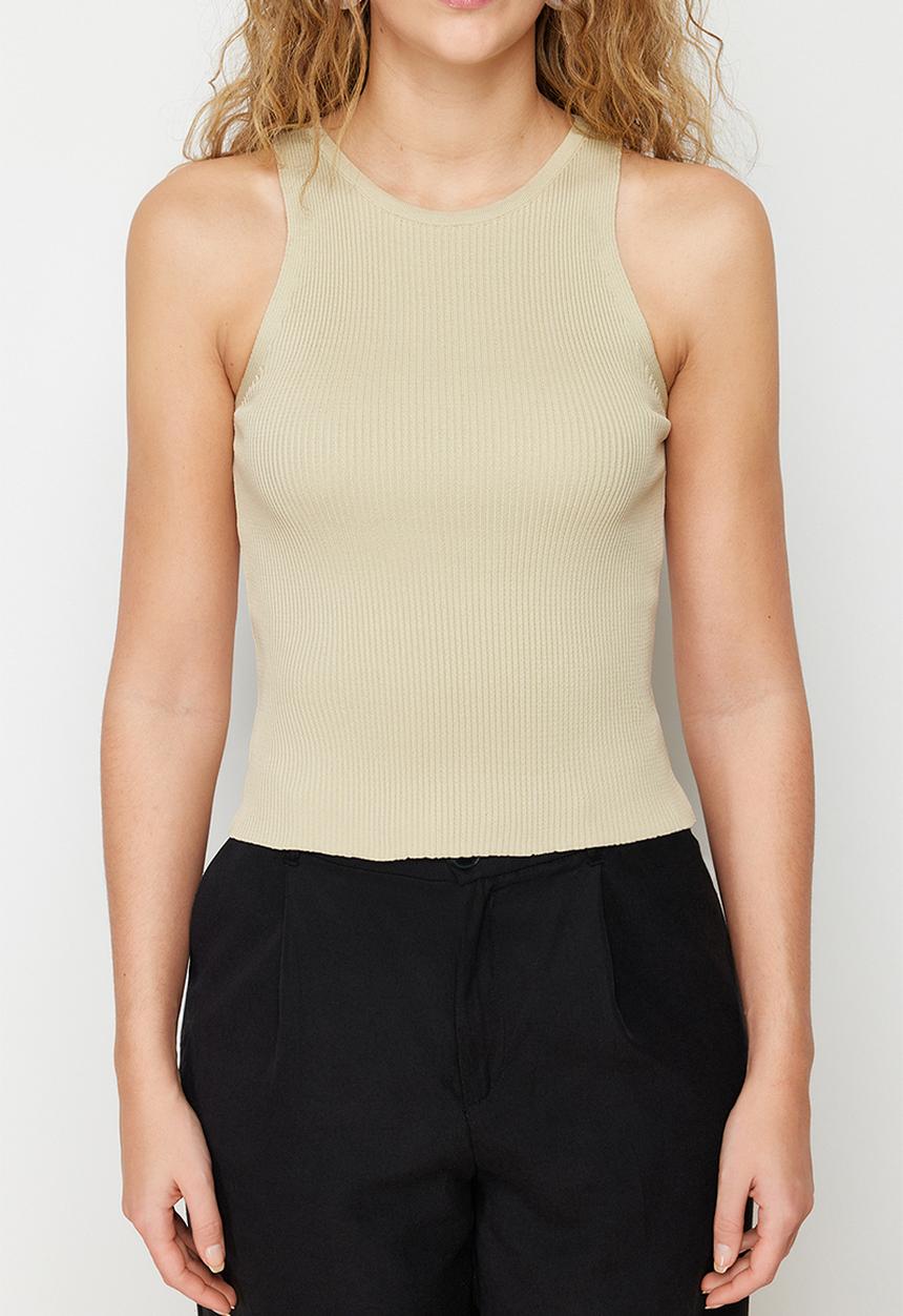 Trendyol - Ribbed Knit Blouse - Stone