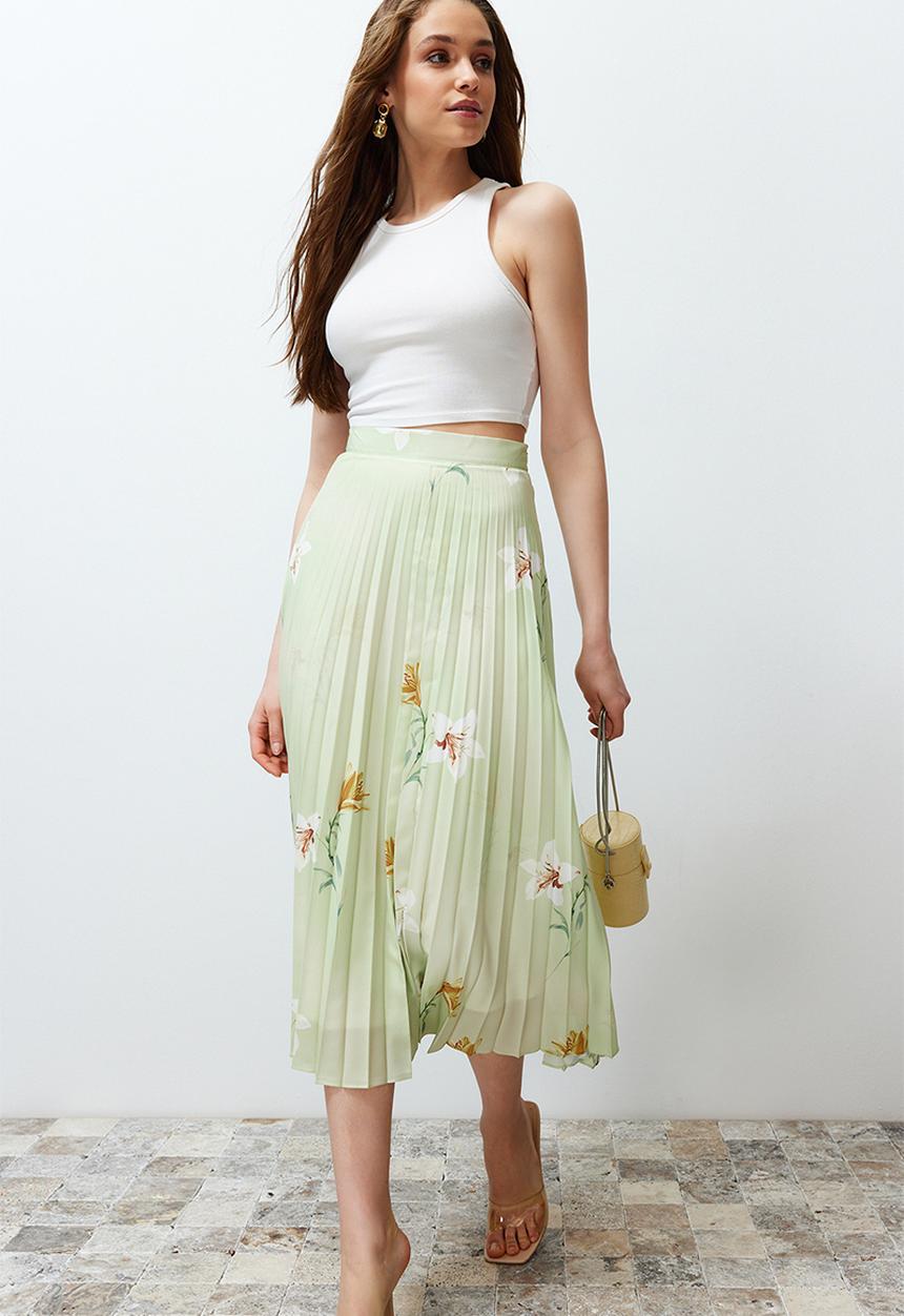 Trendyol - Floral Pattern Pleated Satin Fabric Maxi Length Woven Skirt - Green