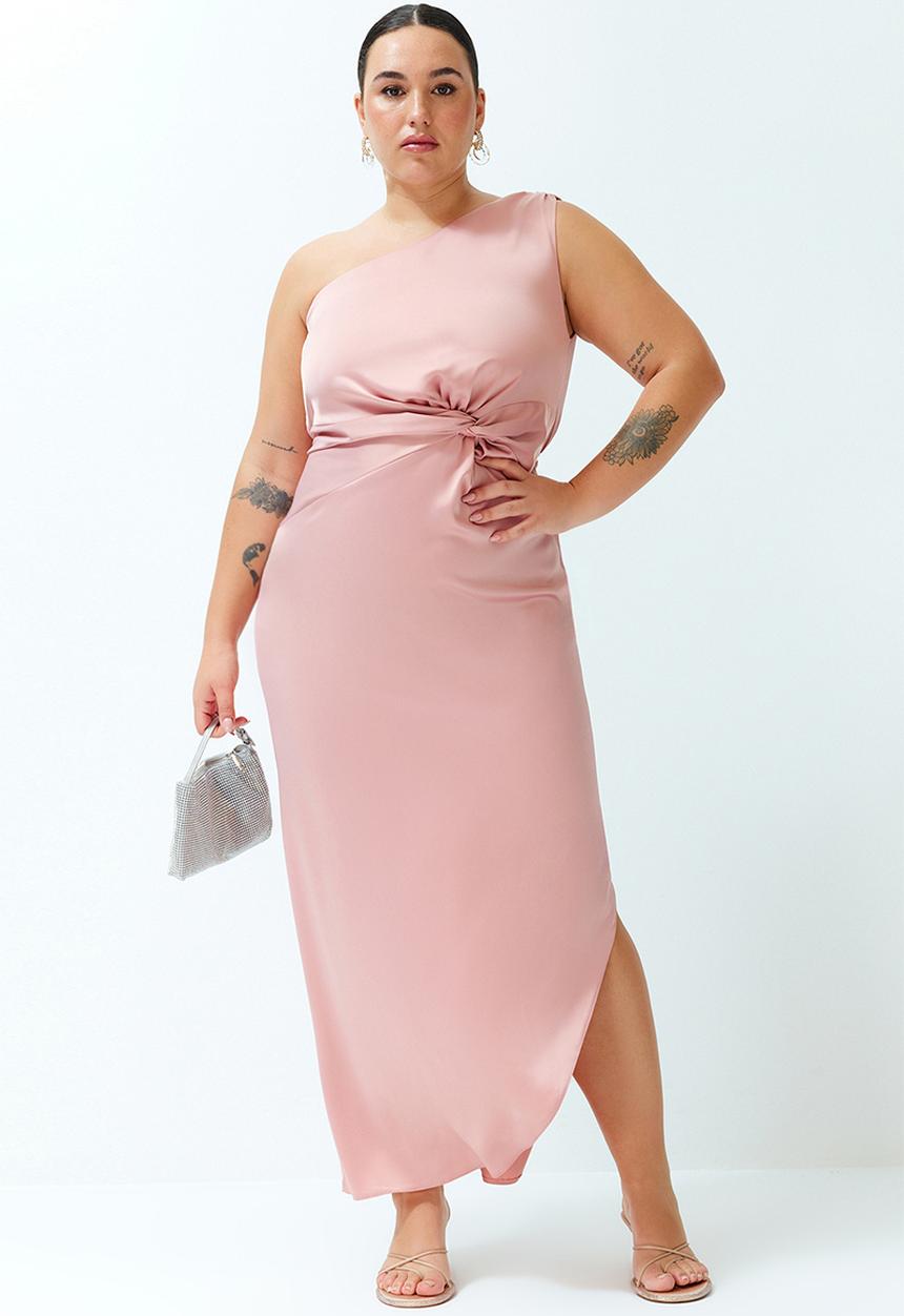 Trendyol - Plus Satin Woven Dress - Pink