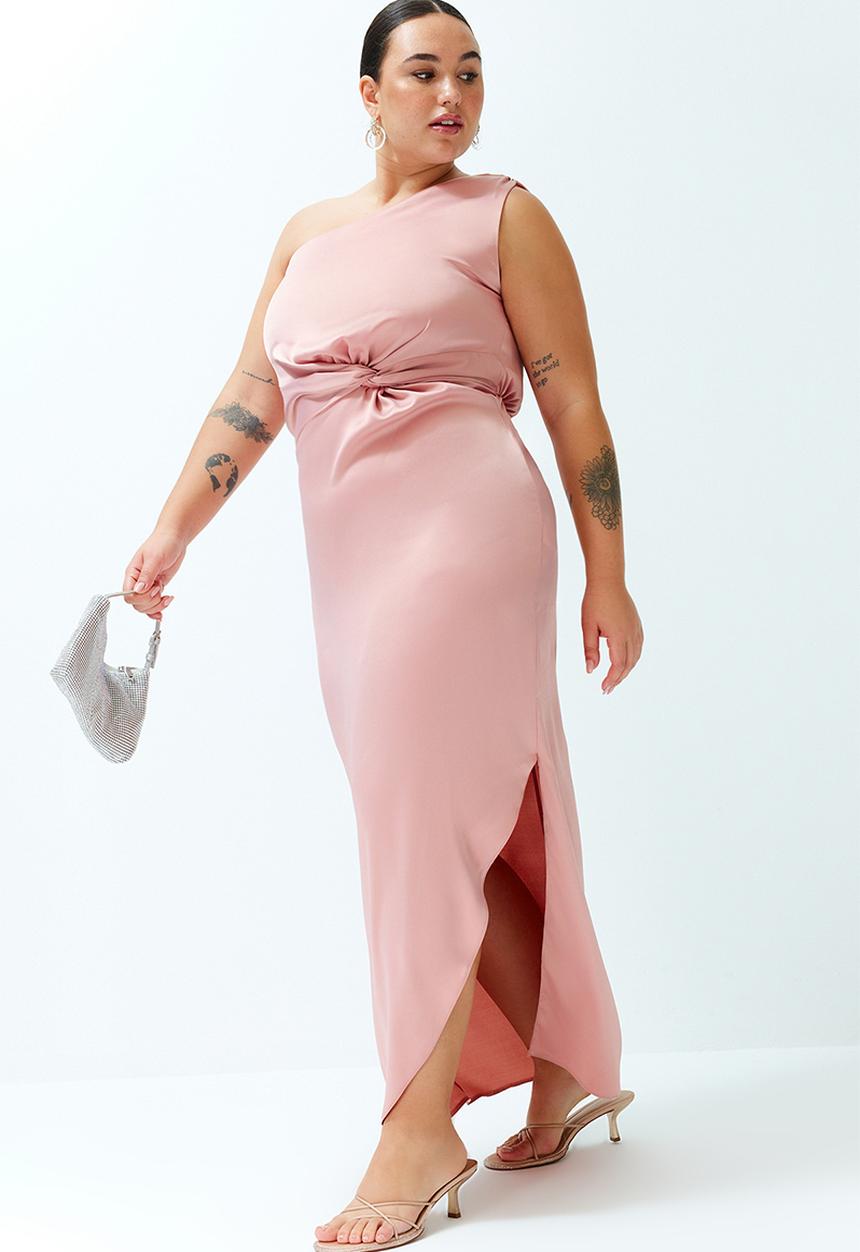 Trendyol - Plus Satin Woven Dress - Pink