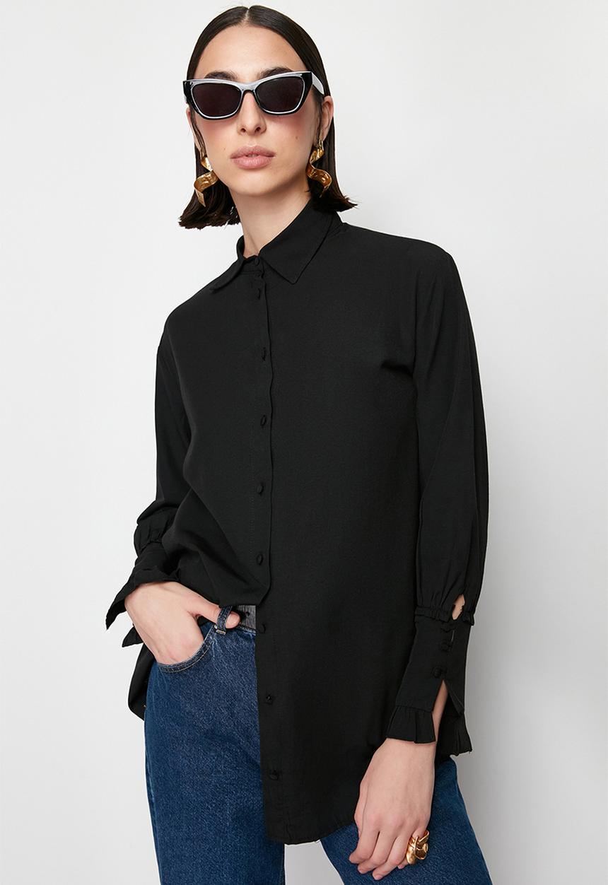 Trendyol - Ruffle Detail Cotton Woven Shirt - Black