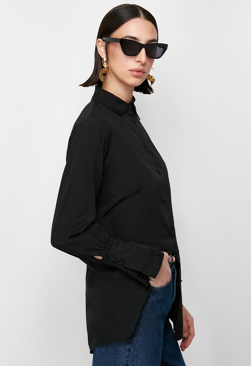 Trendyol - Ruffle Detail Cotton Woven Shirt - Black