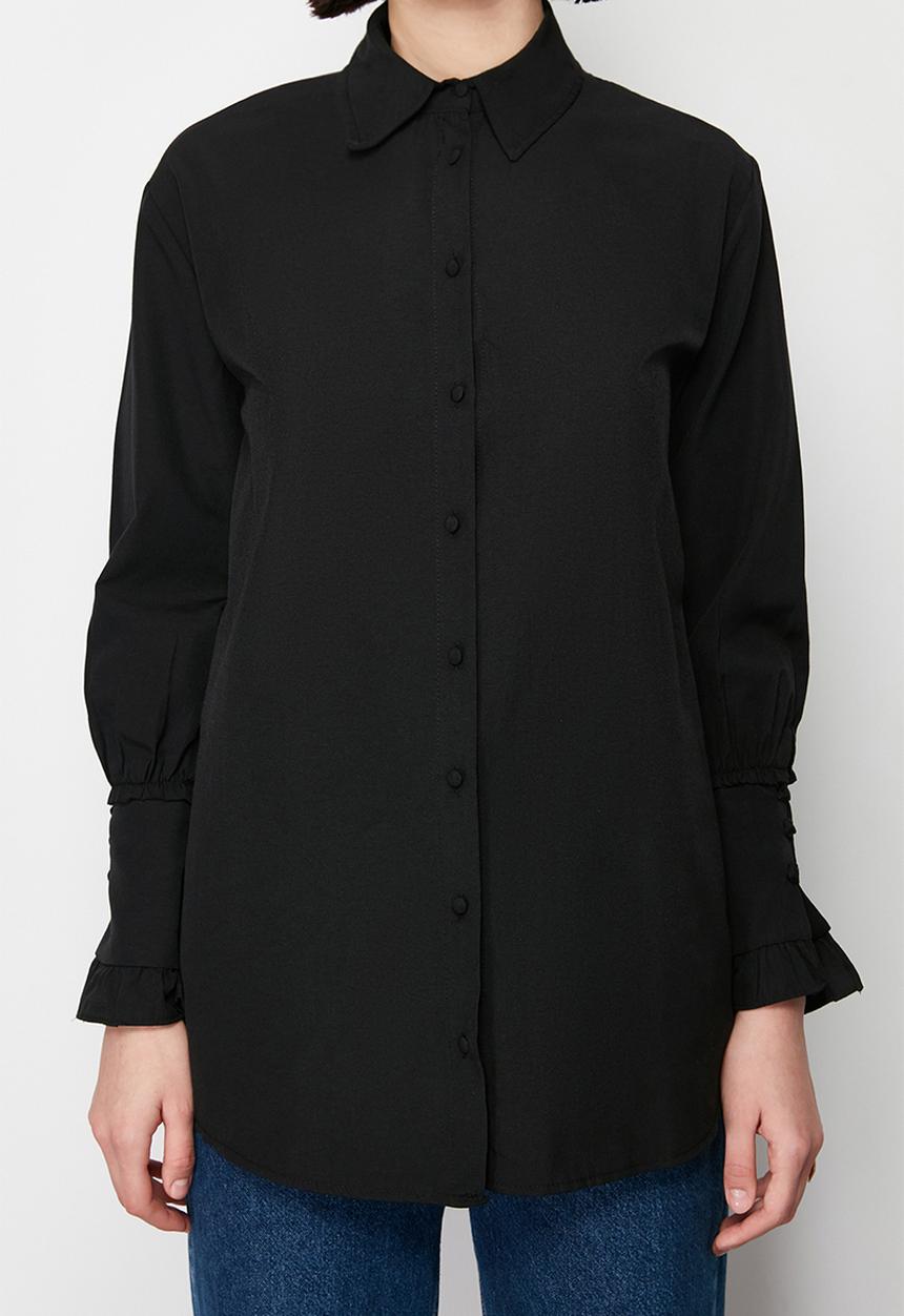 Trendyol - Ruffle Detail Cotton Woven Shirt - Black
