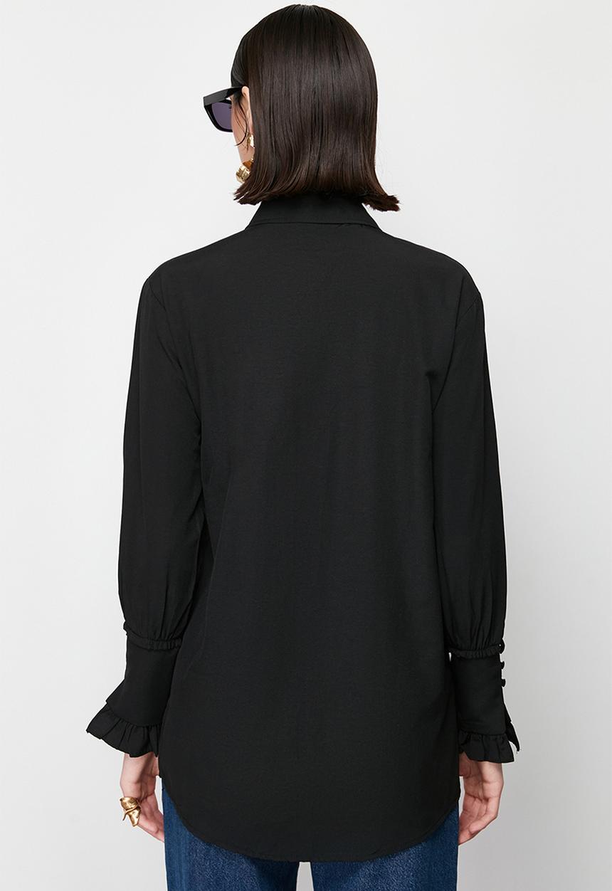 Trendyol - Ruffle Detail Cotton Woven Shirt - Black