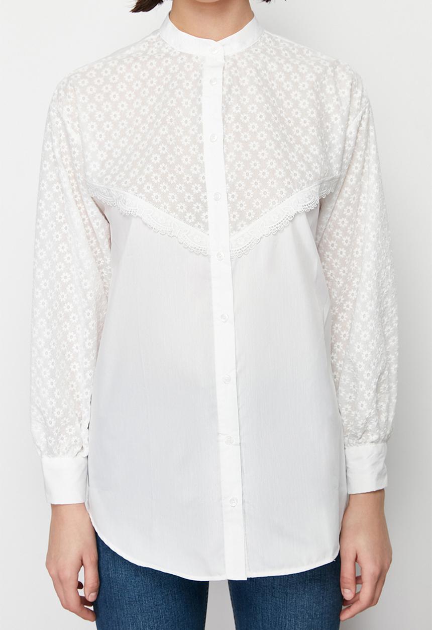 Trendyol - Brode Lace Detail Cotton Woven Shirt - Ecru